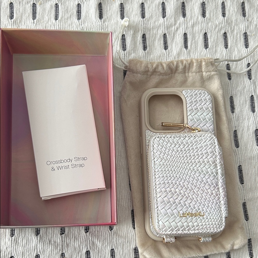 White Woven Leather Wallet Phone Case with Card Slot
